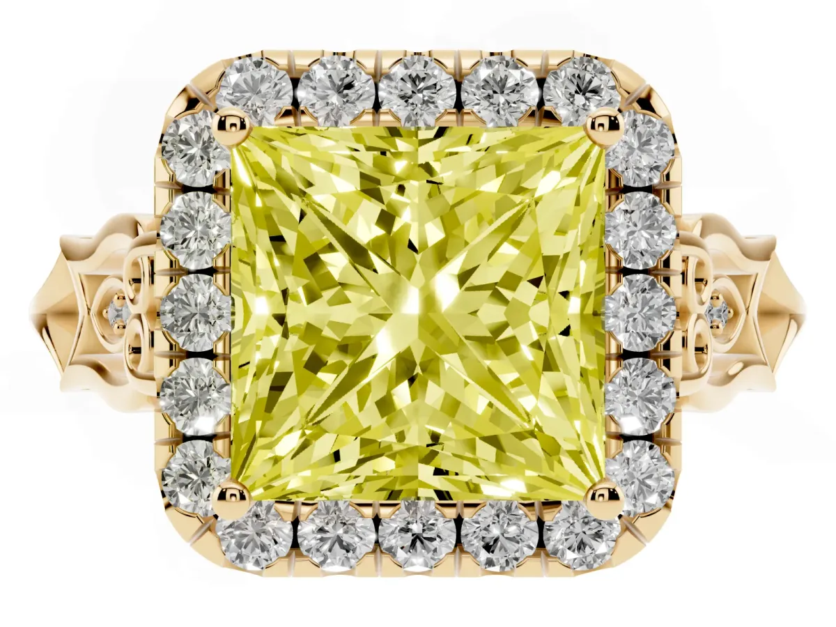 Fancy Yellow Princess Cut Halo Diamond Engagement Ring with Filigree Band and Four-Prong Setting Yellow gold