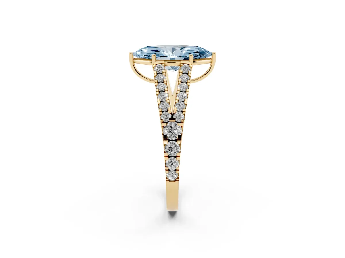 Fancy Blue Marquise Cut Diamond Split Shank Engagement Ring with Round Pavé and Prong Setting Yellow gold