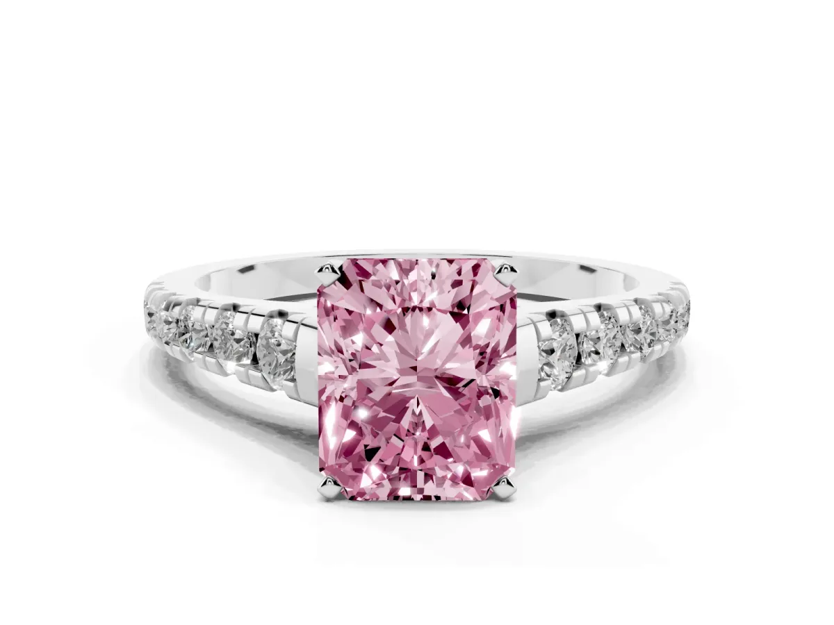 Fancy Pink Radiant Cut Diamond Cathedral Solitaire Ring with Round Pavé Band Platinum