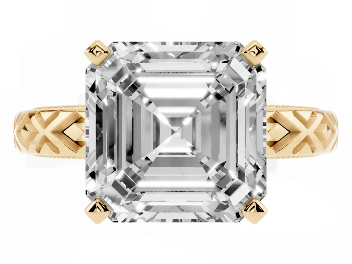 Asscher Cut Solitaire Diamond Ring with Milgrain and Black Enamel X Pattern Band Yellow gold