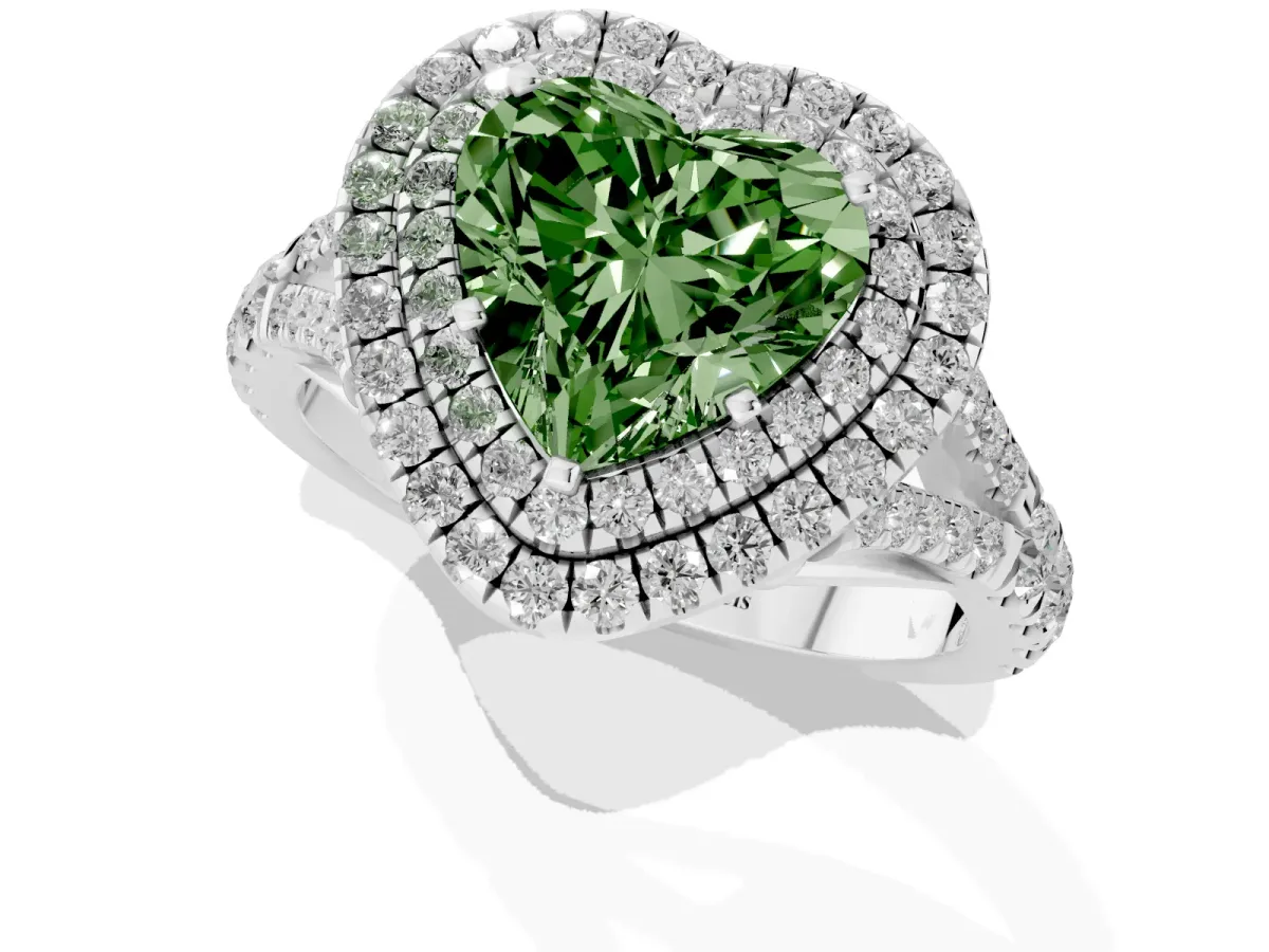 Fancy Green Heart Cut Cut Double Halo Split Shank Diamond Ring with Prong Setting Platinum