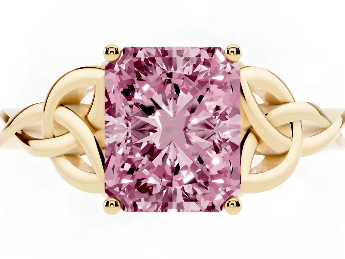 Fancy Pink Radiant Cut Diamond Solitaire Engagement Ring with Celtic Knot Band and Four-Prong Setting Yellow gold