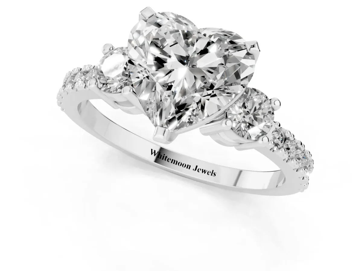 Heart Cut Three-Stone Diamond Pavé Band with Prong Setting Silver