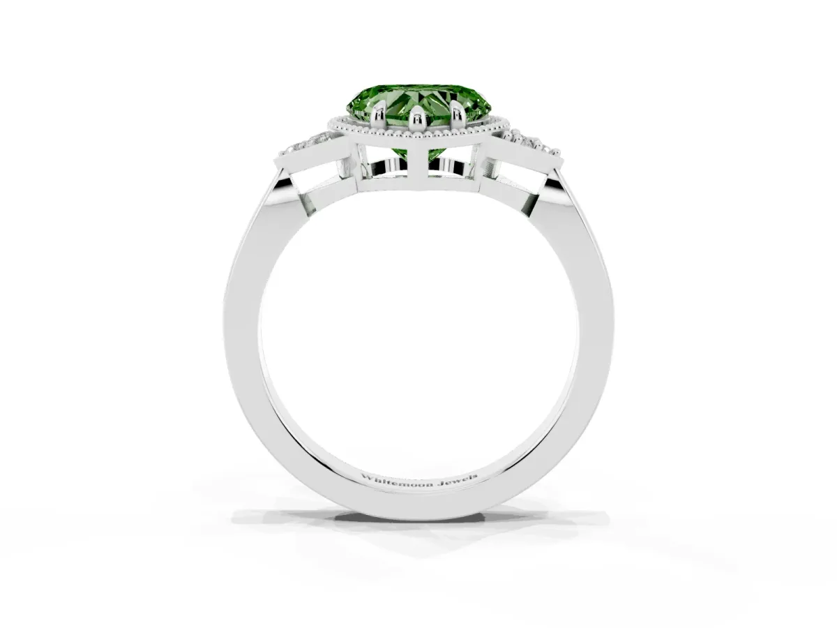 Fancy Green Hexagonal Halo Heart Cut Diamond Solitaire with Pavé Band and Four-Prong Setting Silver