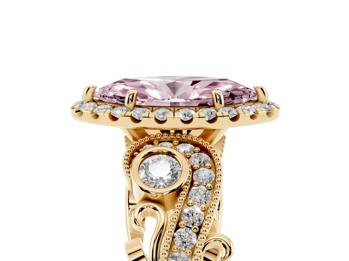 Fancy Pink Marquise Cut Halo Diamond Ring with Milgrain and Bezel Accents on a Split Shank Band Yellow gold