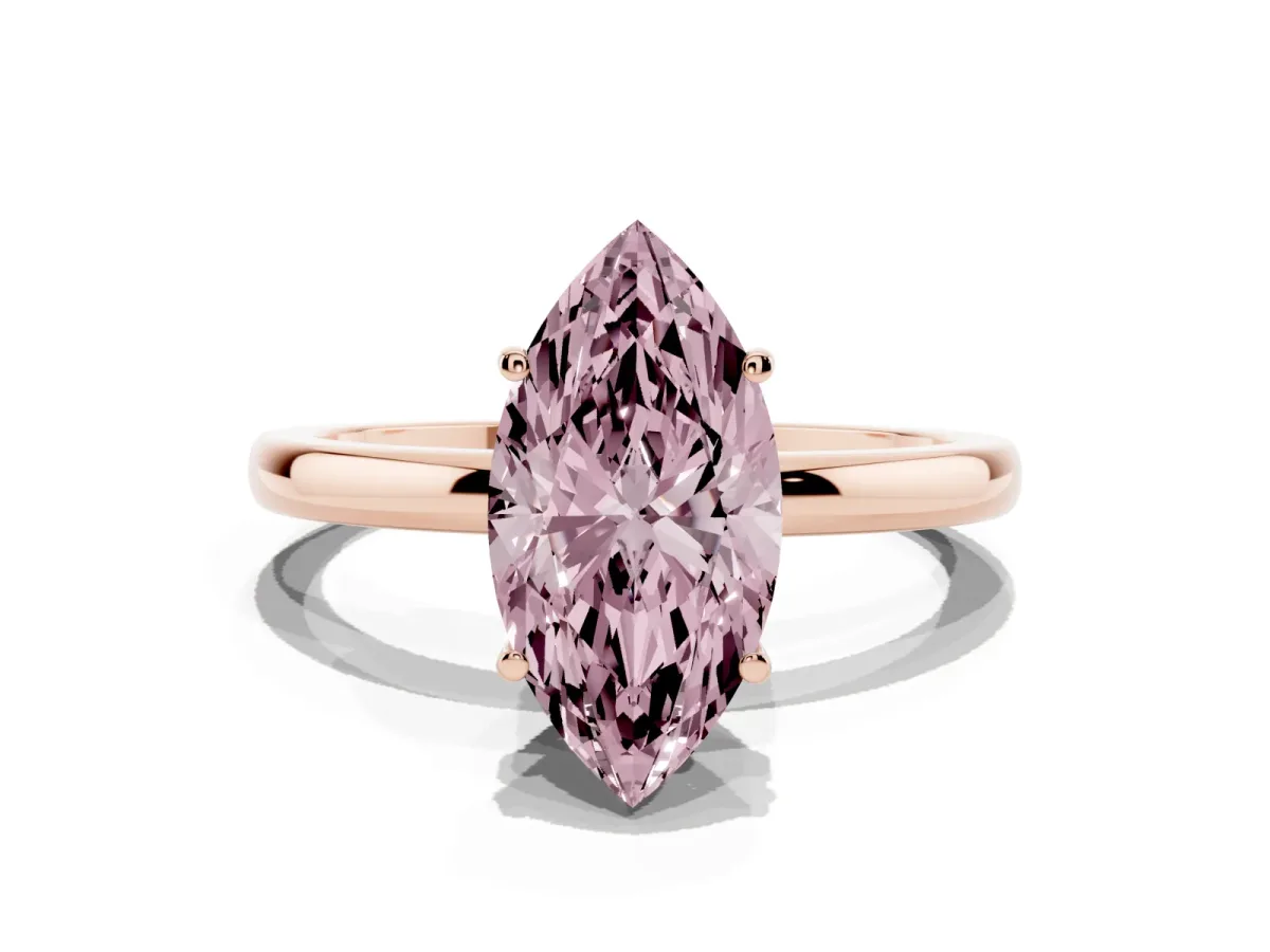 Fancy Pink Marquise Cut Solitaire Diamond Ring with Prong Setting and Plain Band Rose gold