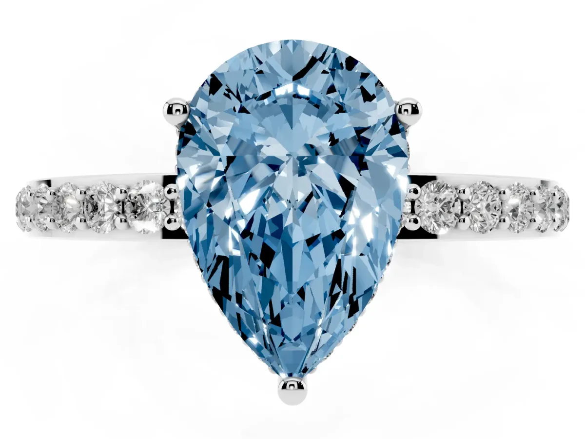 Fancy Blue Pear Cut Diamond Solitaire Ring with Pavé Band and Hidden Halo Silver