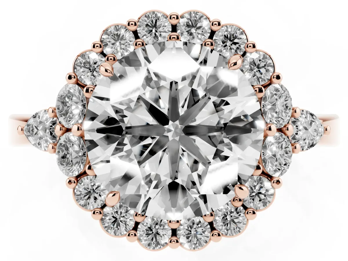 Round Cut Diamond Halo Ring with Pear Side Stones and Prong Setting Rose gold