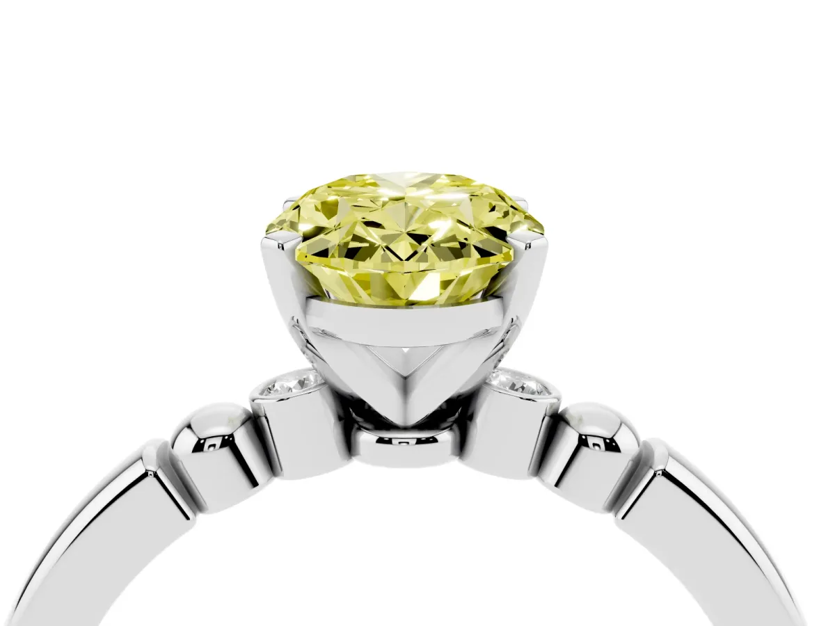 Fancy Yellow Oval Cut Solitaire Beaded Band with Four-Prong Setting Platinum