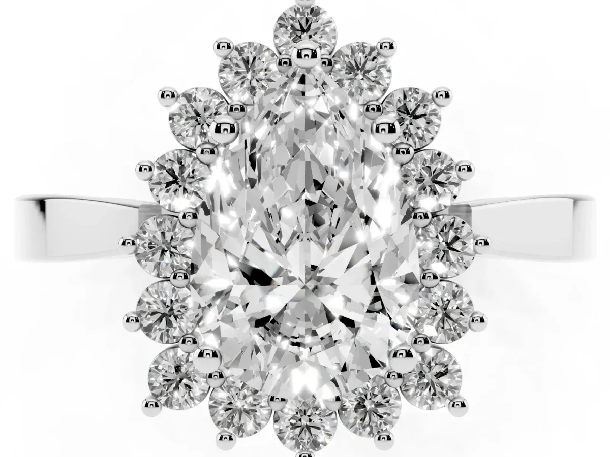 Pear Cut Cut Diamond Halo Ring with Round Brilliant Halo and Solitaire Band White gold