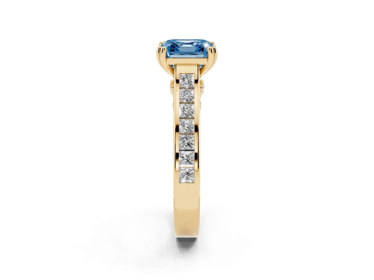 Fancy Blue Asscher Cut Cut Channel Set Solitaire Engagement Ring with Prong Setting Yellow gold
