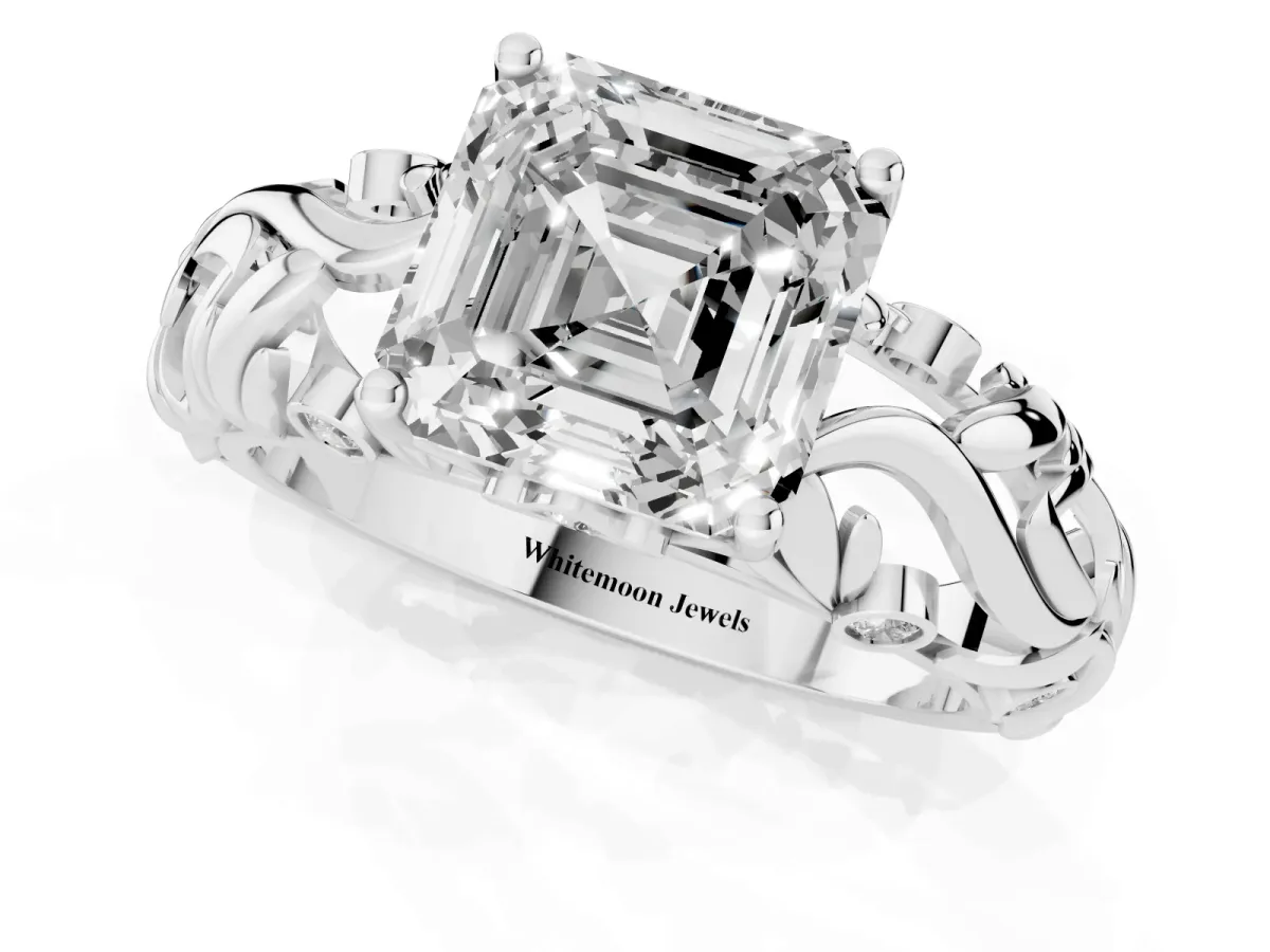 Asscher Cut Solitaire Diamond Leaf-Inspired Vine Band Ring with Prong Setting Silver