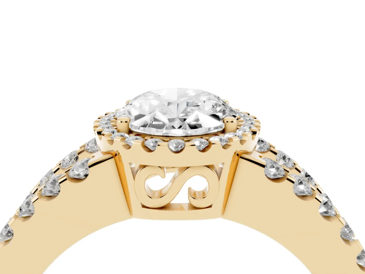 Oval Cut Cut Halo Split Shank Diamond Ring with Four-Prong Setting Yellow gold