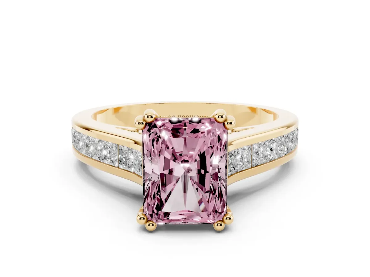 Fancy Pink Radiant Cut Cut Channel Set Solitaire Engagement Ring with Prong Setting Yellow gold