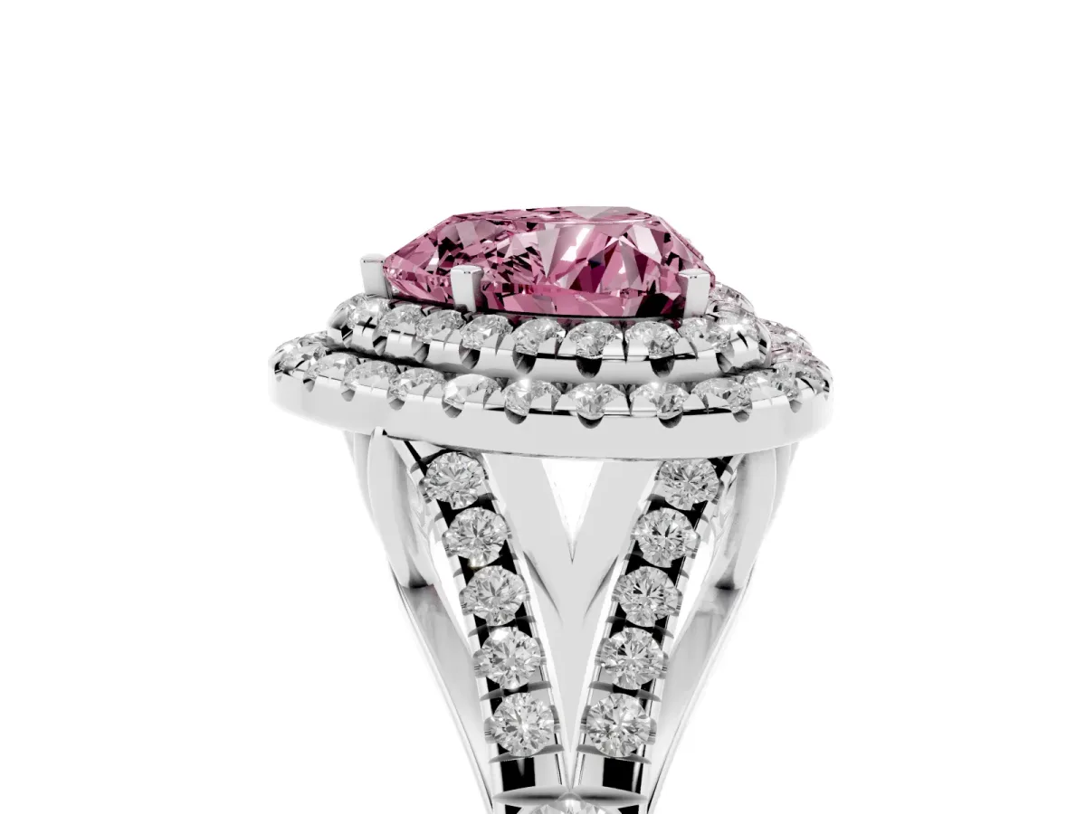 Fancy Pink Heart Cut Cut Double Halo Split Shank Diamond Ring with Prong Setting Platinum