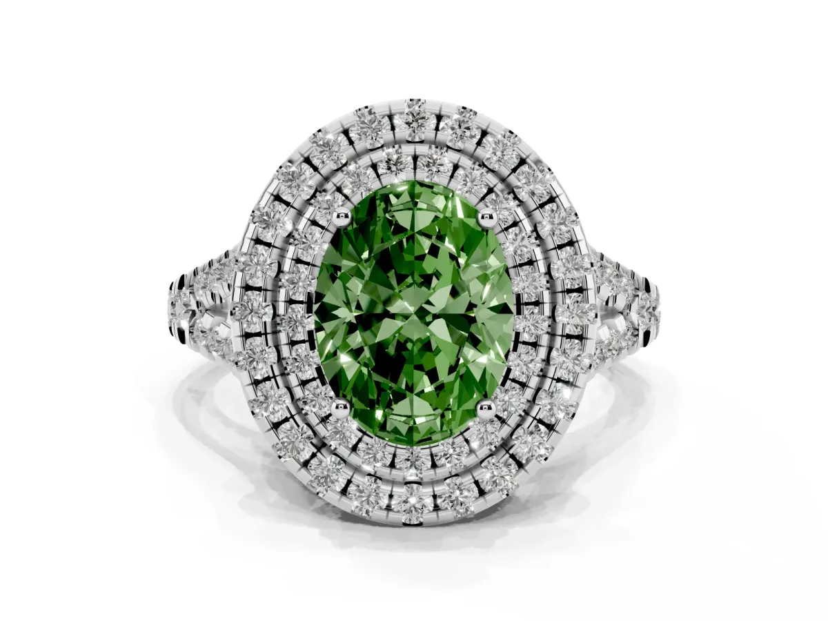 Fancy Green Double Halo Oval Cut Diamond Pavé Split Shank Ring with Prong Setting White gold