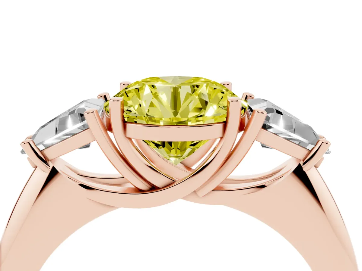 Fancy Yellow Three-Stone Round Cut Diamond Engagement Ring with Trillion Side Stones and Prong Setting Rose gold