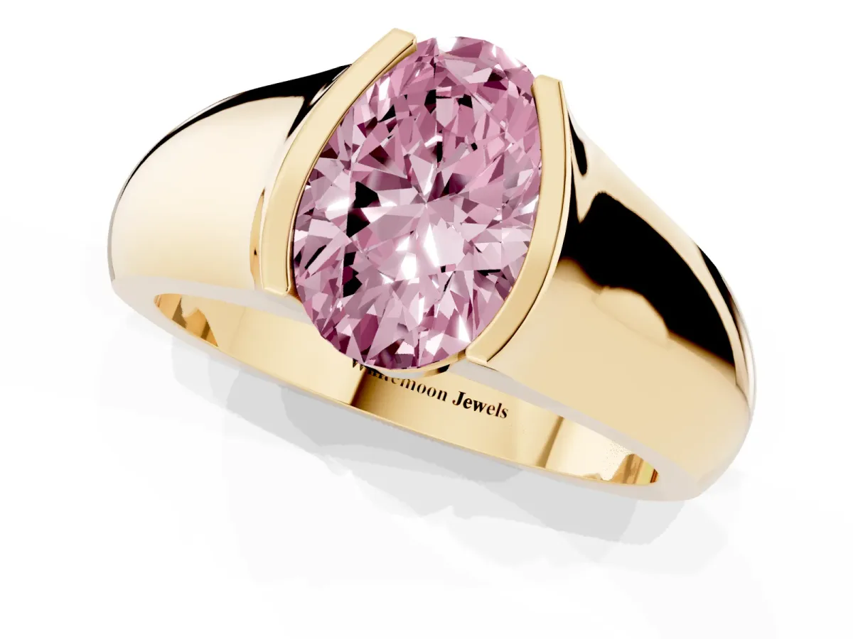 Fancy Pink Oval Cut Solitaire Bezel Set Diamond Ring with Wide Band Yellow gold