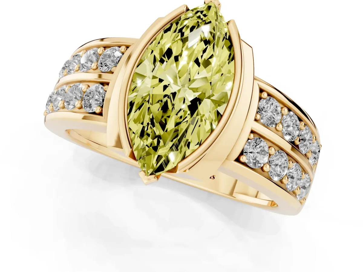 Fancy Yellow Marquise Cut Brilliant Diamond Channel Set Wide Band Ring with Bezel Setting Yellow gold