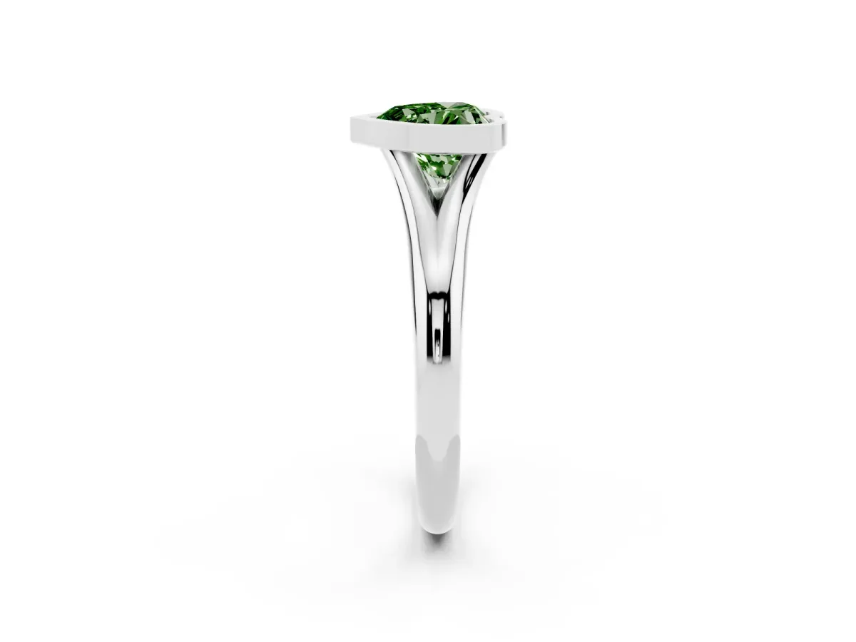 Fancy Green Bezel Set Heart Cut Solitaire Diamond Ring with Smooth Band Silver