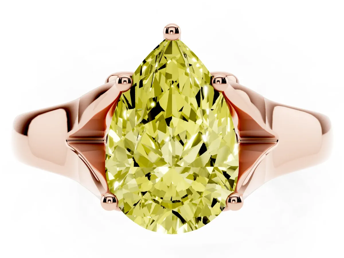 Fancy Yellow Pear Cut Solitaire Diamond Ring with Cathedral Band and Four-Prong Setting Rose gold