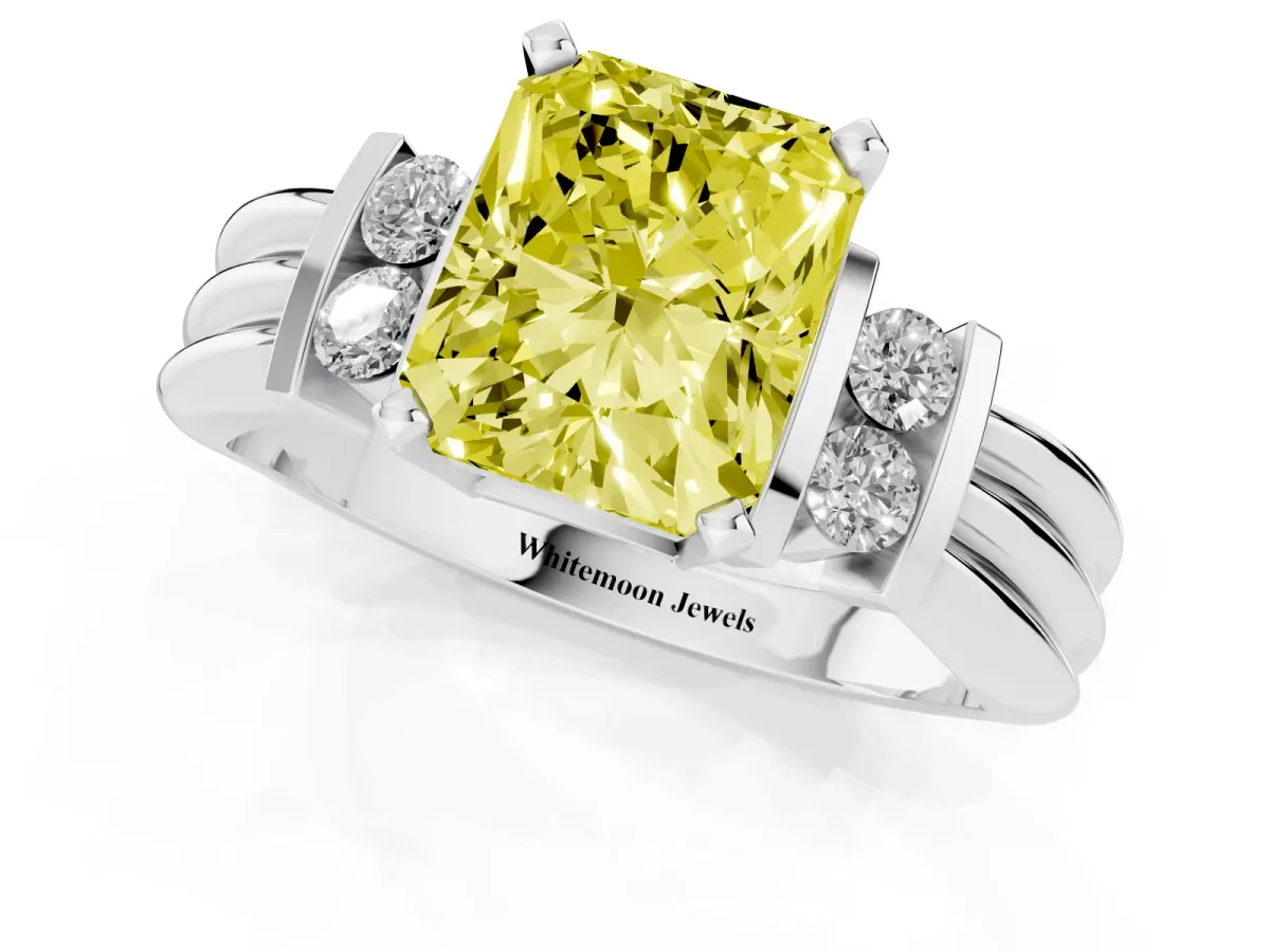 Fancy Yellow Radiant Cut Cut Three-Stone Channel Set Ring with Bar Prongs Silver