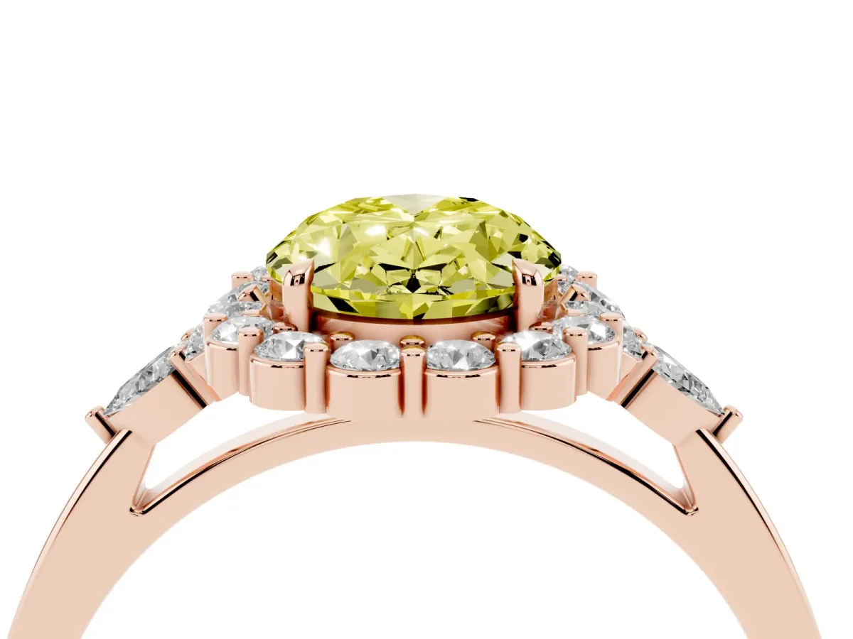 Fancy Yellow Oval Cut Diamond Halo Ring with Pear Side Stones and Prong Setting Rose gold