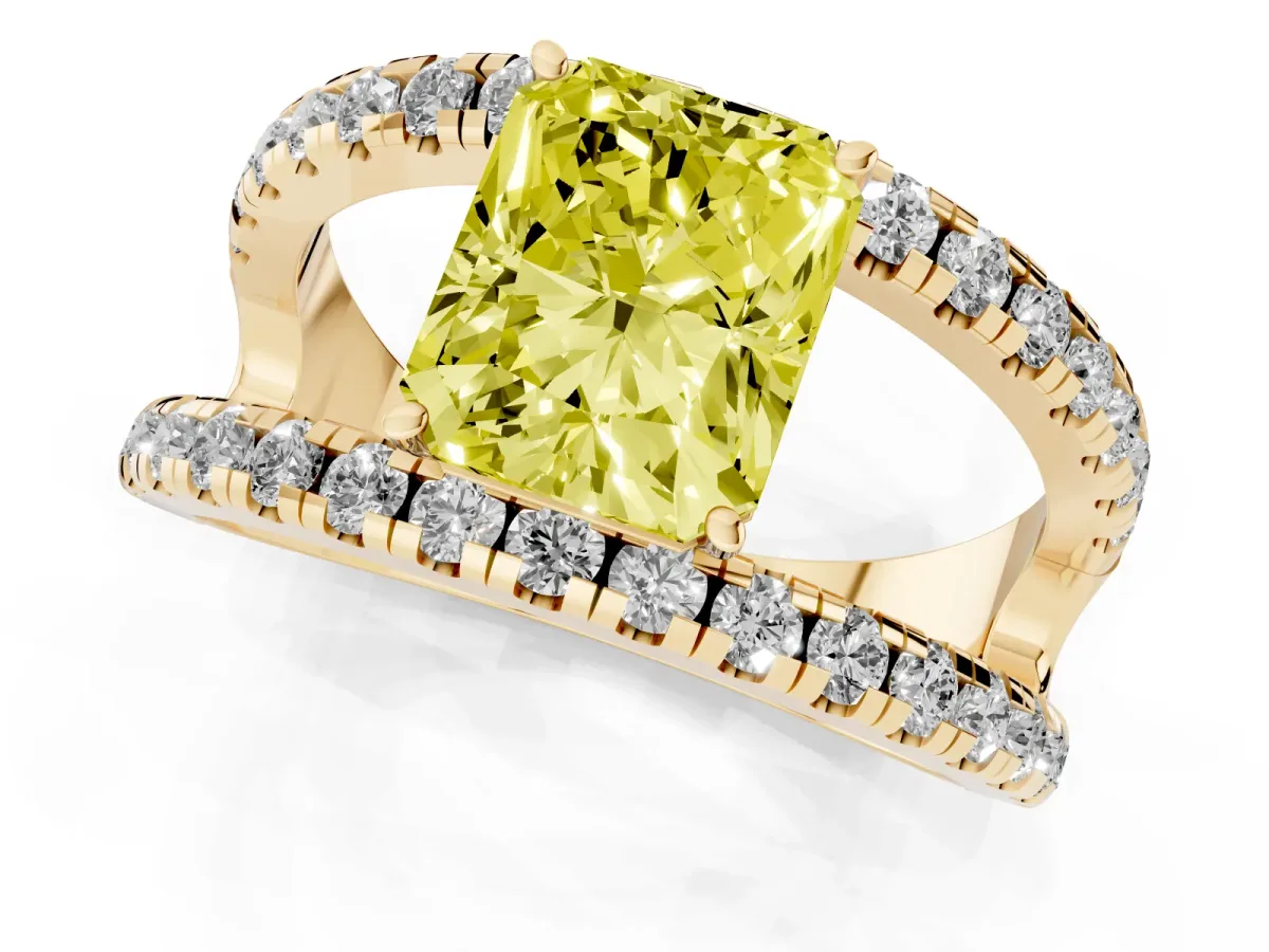 Fancy Yellow Radiant Cut Solitaire Split Shank Pave Diamond Ring Yellow gold