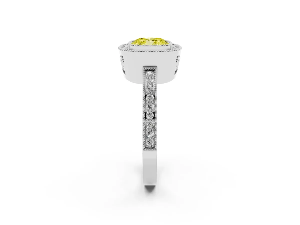 Fancy Yellow Cushion Cut Cut Halo Diamond Ring with Pavé Band and Milgrain Prong Setting Platinum