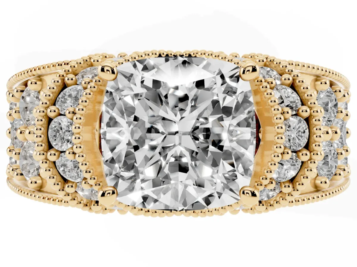 Cushion Cut Halo Pave Diamond Engagement Ring with Milgrain Detailing Yellow gold