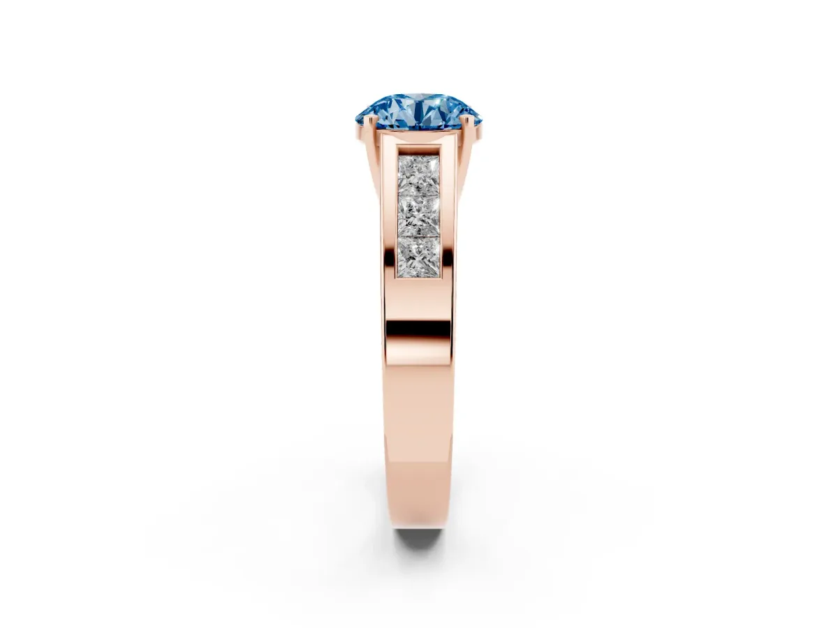 Fancy Blue Round Cut Cut Channel Set Solitaire Ring with Four-Prong Setting Rose gold
