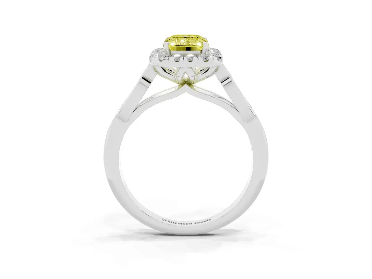 Fancy Yellow Emerald Cut Halo Diamond Engagement Ring with Filigree Band and Four-Prong Setting Platinum