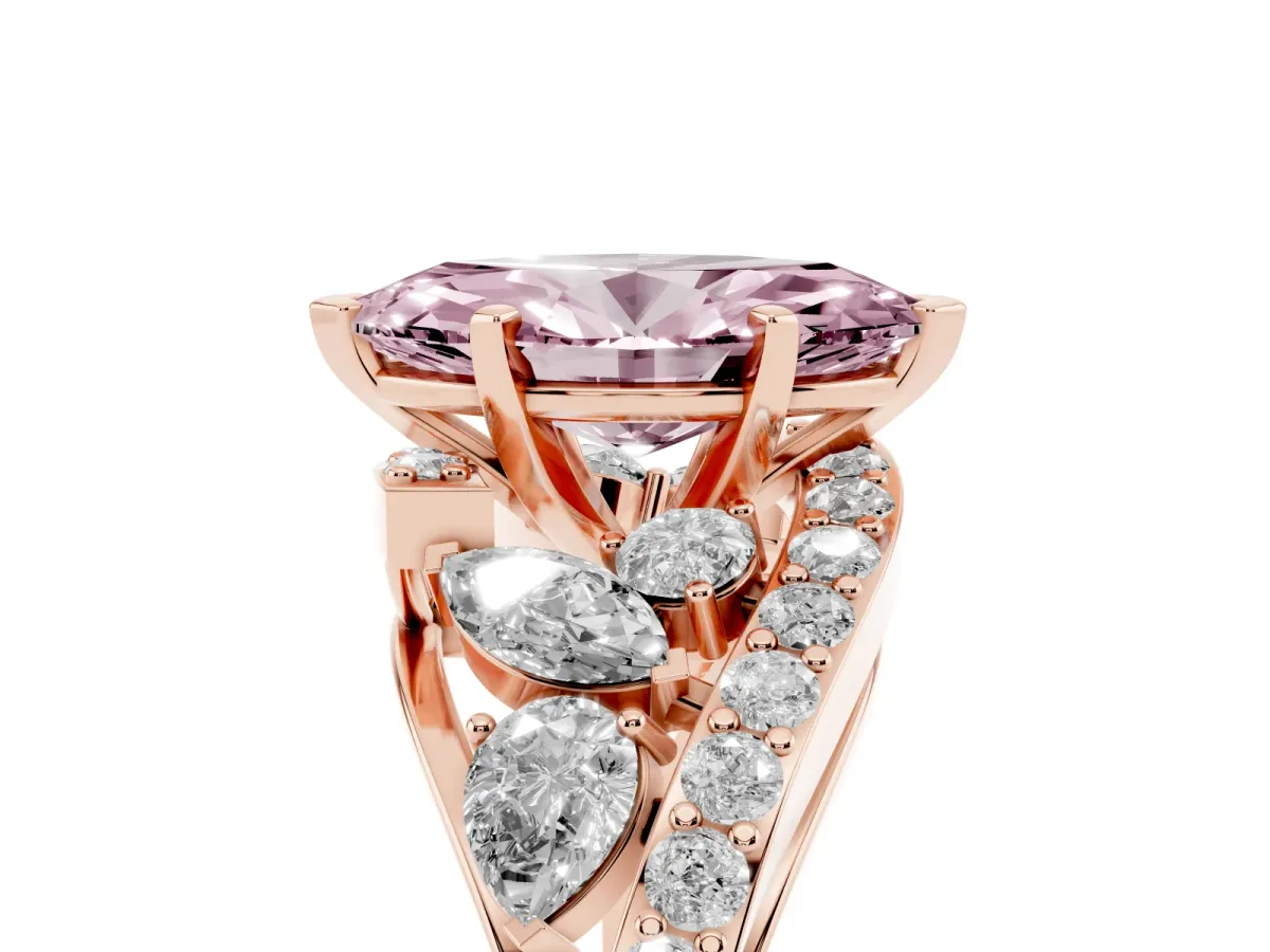 Fancy Pink Marquise Cut Diamond Halo Ring with Marquise and Pavé Band in Prong Setting Rose gold