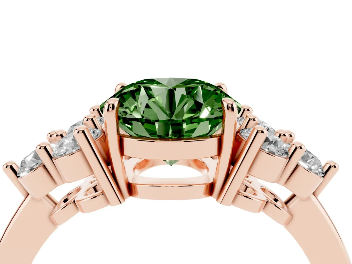 Fancy Green Round Cut Brilliant Diamond Cluster Accent Solitaire Ring with Prong Setting Rose gold