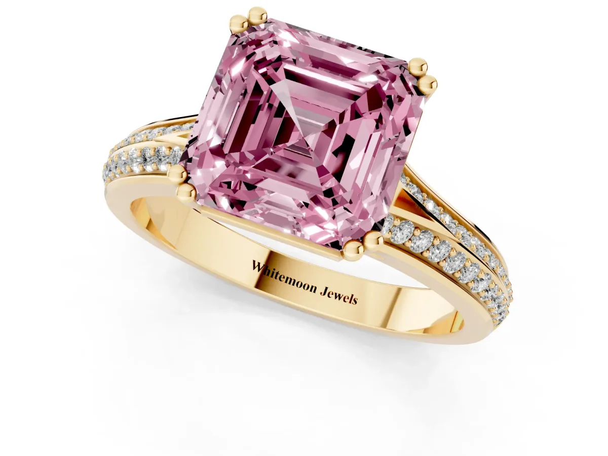 Fancy Pink Asscher Cut Diamond Split Shank Engagement Ring with Pavé Band Yellow gold