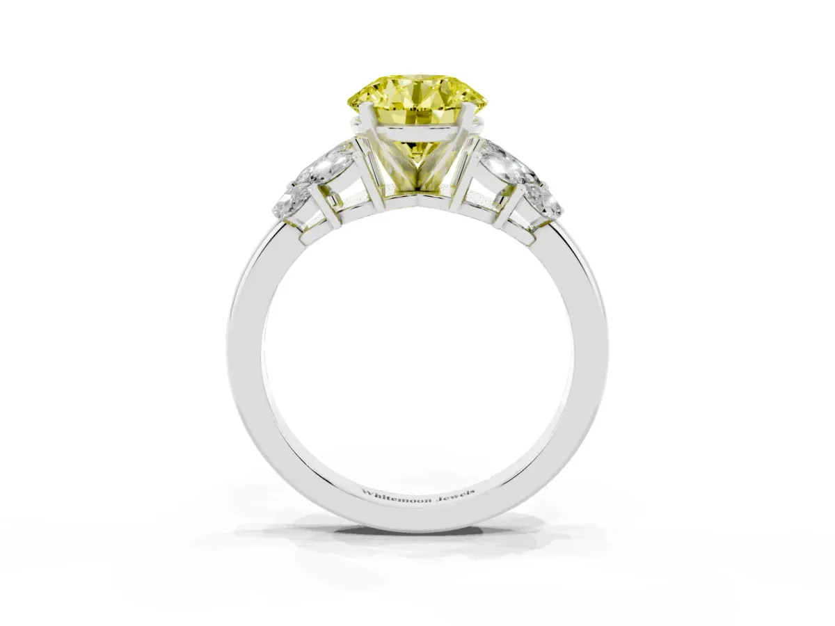 Fancy Yellow Round Cut Diamond Cluster Leaf Design Ring with Prong Setting Silver