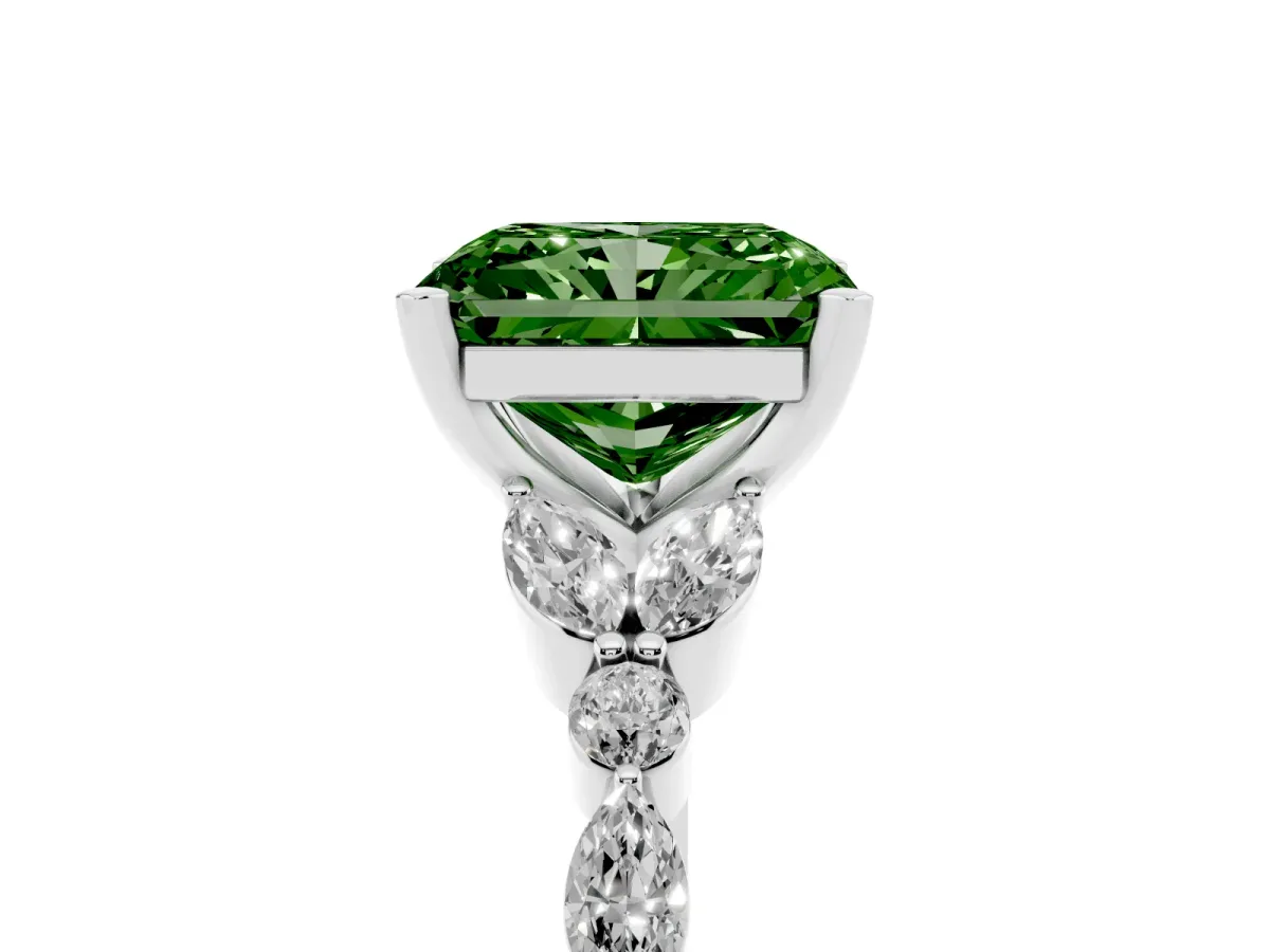 Fancy Green Radiant Cut Diamond Solitaire Ring with Side Stones and Four-Prong Setting Silver