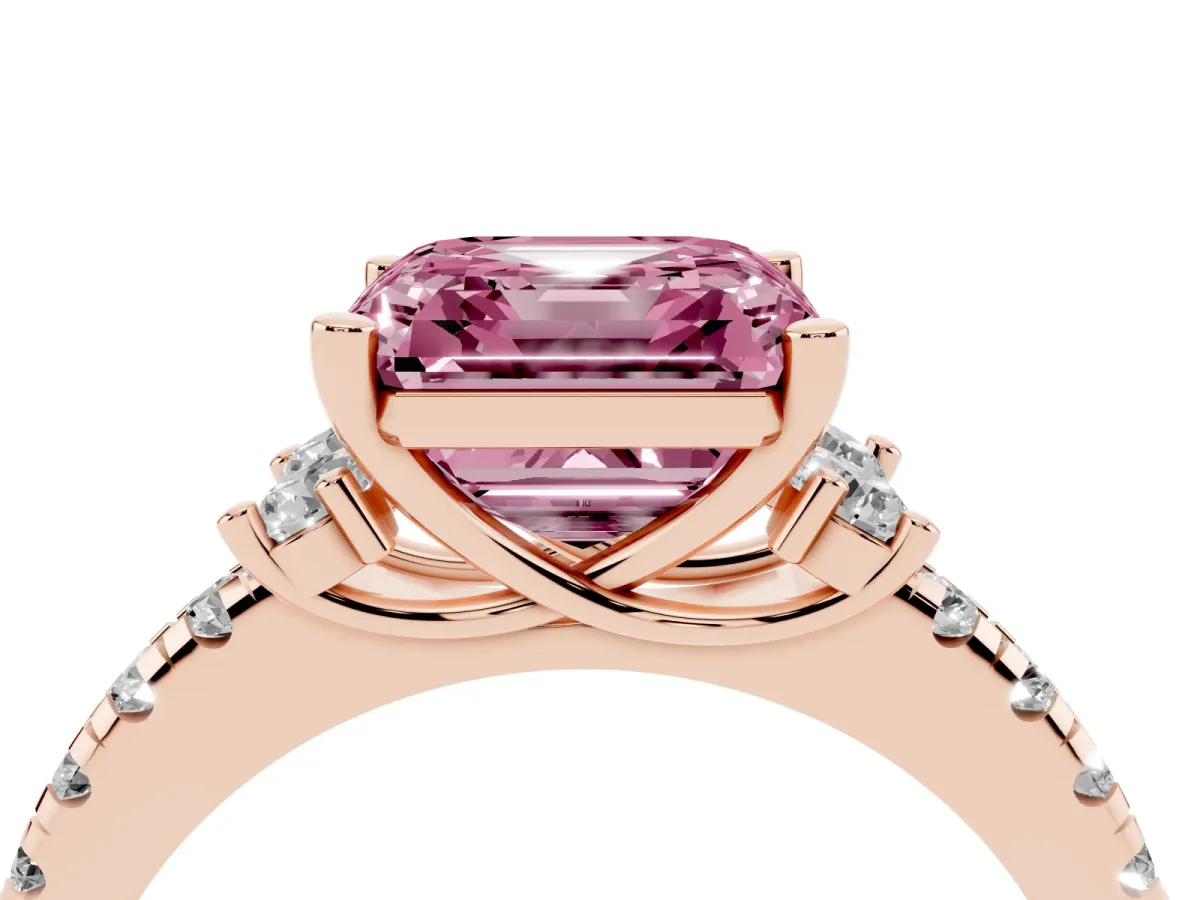 Fancy Pink Asscher Cut Diamond Three-Stone Pave Band with Four-Prong Setting Rose gold