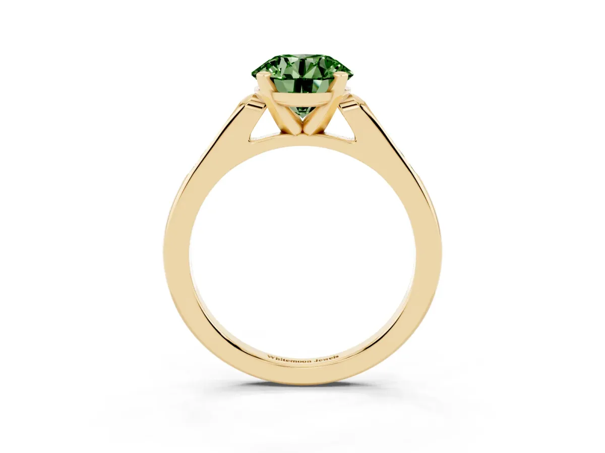 Fancy Green Round Cut Diamond Solitaire Ring with Channel Set Round Band and Prong Setting Yellow gold