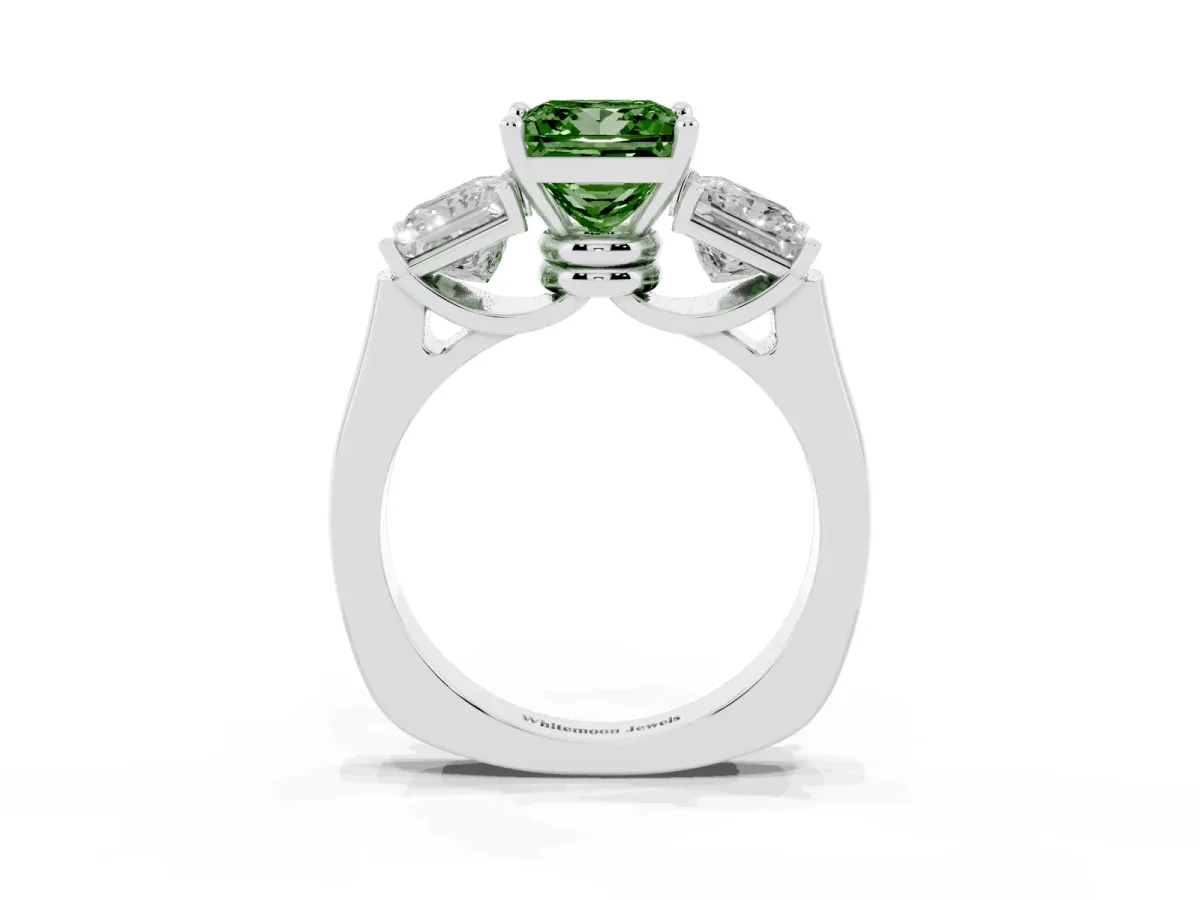Fancy Green Three-Stone Princess Cut Brilliant Diamond Trellis Ring with Comfort Fit Band White gold