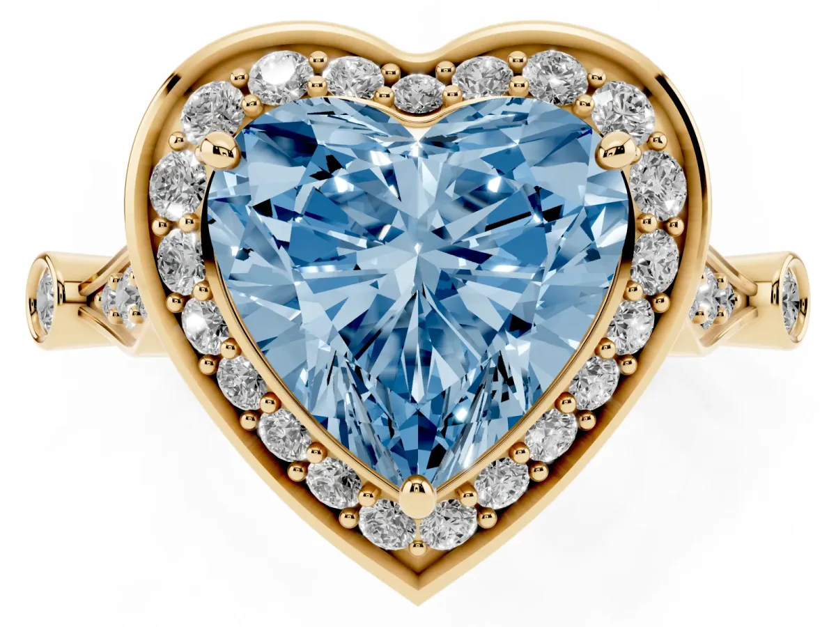 Fancy Blue Heart Cut Halo Diamond Engagement Ring with Twisted Band and Four-Prong Setting Yellow gold