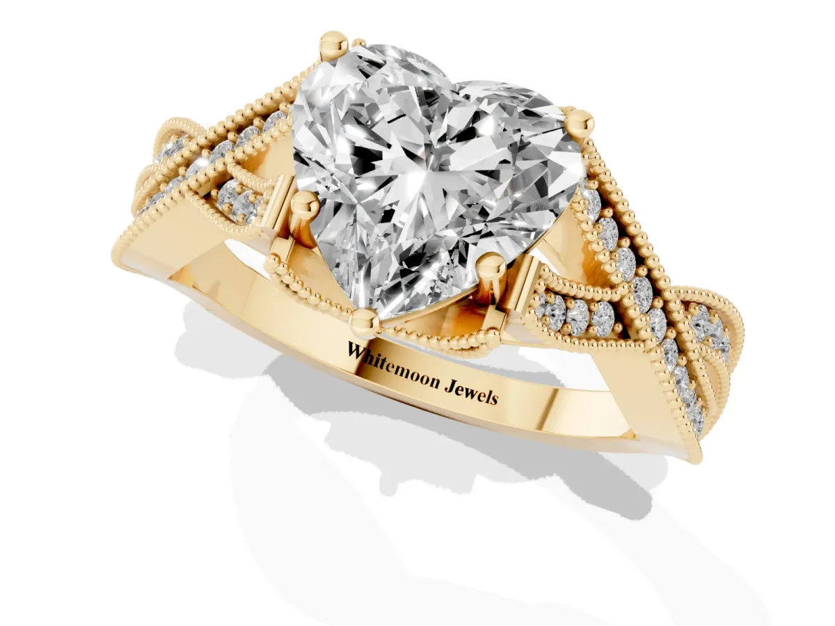 Heart Cut Cut Diamond Twisted Band with Milgrain Pave Setting and Four-Prong Setting Yellow gold