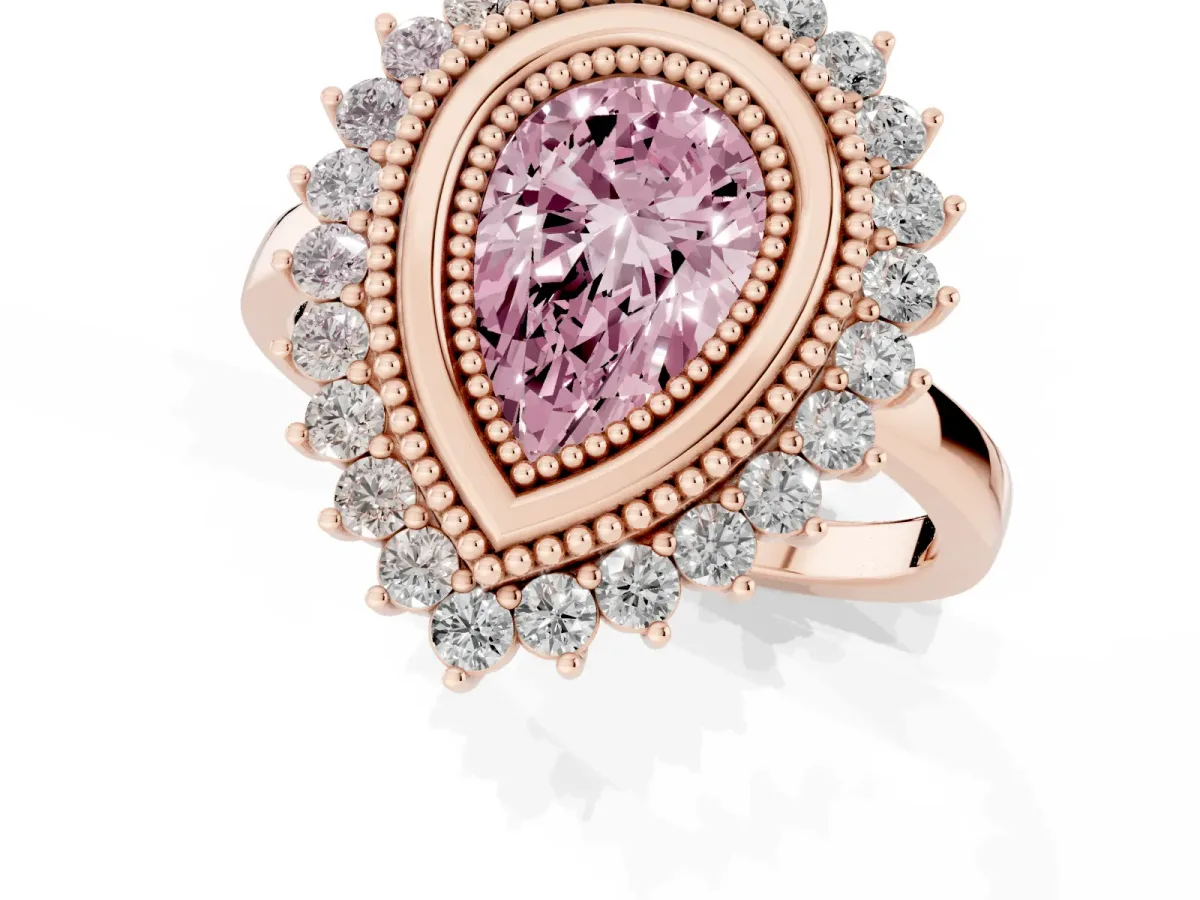 Fancy Pink Pear Cut Halo Diamond Ring with Milgrain Edge and Round Prong Setting Rose gold