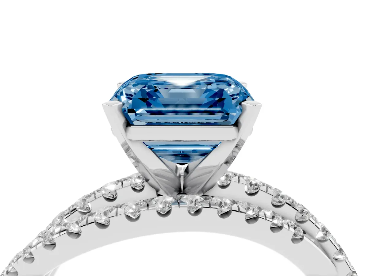 Fancy Blue Asscher Cut Solitaire Twist Band with Pavé Setting and Four-Prong Setting Silver