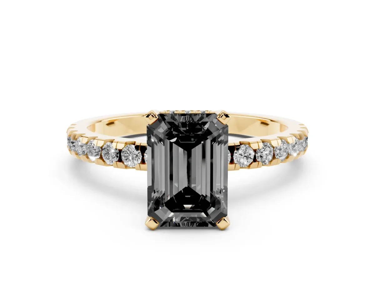 Fancy Black Emerald Cut Diamond Solitaire Ring with Round Pavé Band and Four-Prong Setting Yellow gold