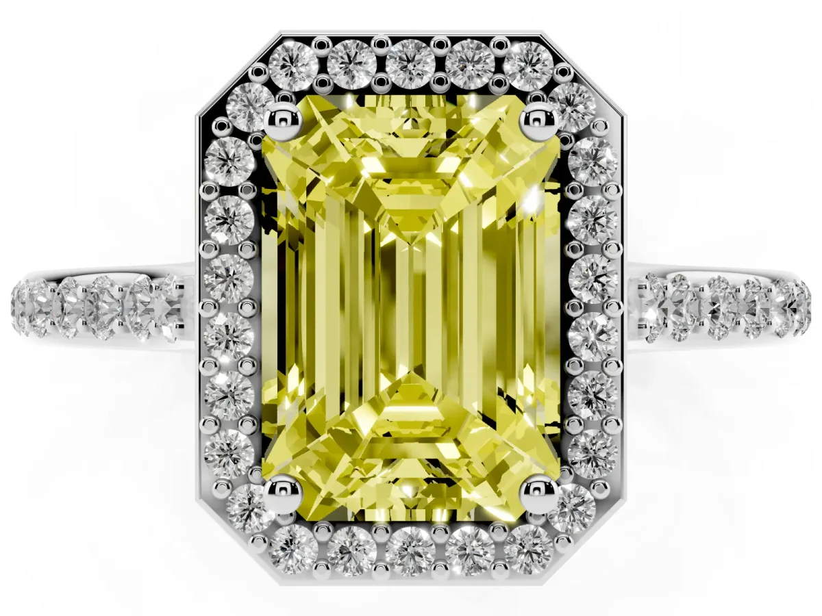 Fancy Yellow Emerald Cut Diamond Halo Engagement Ring with Round Pavé Shoulders and Prong Setting White gold