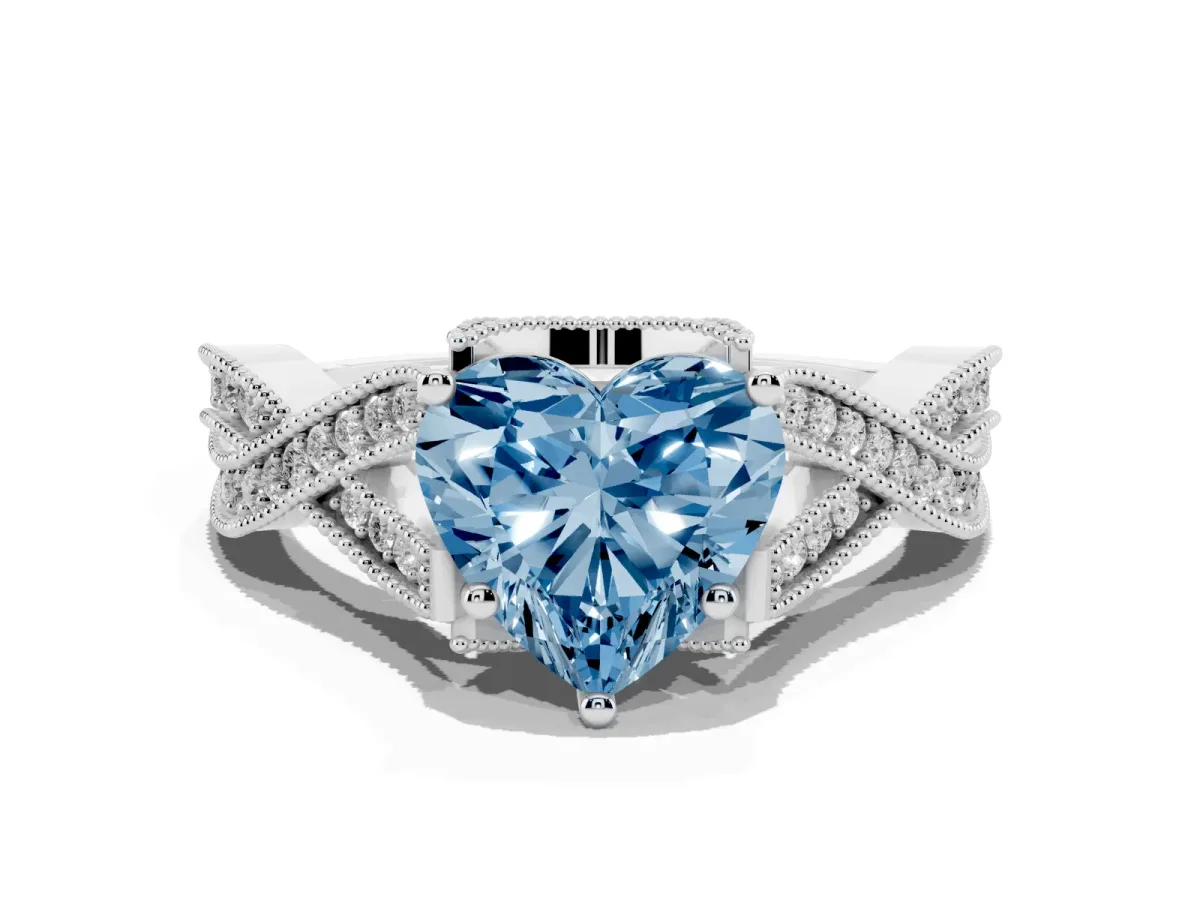 Fancy Blue Heart Cut Cut Diamond Twisted Band with Milgrain Pave Setting and Four-Prong Setting Silver