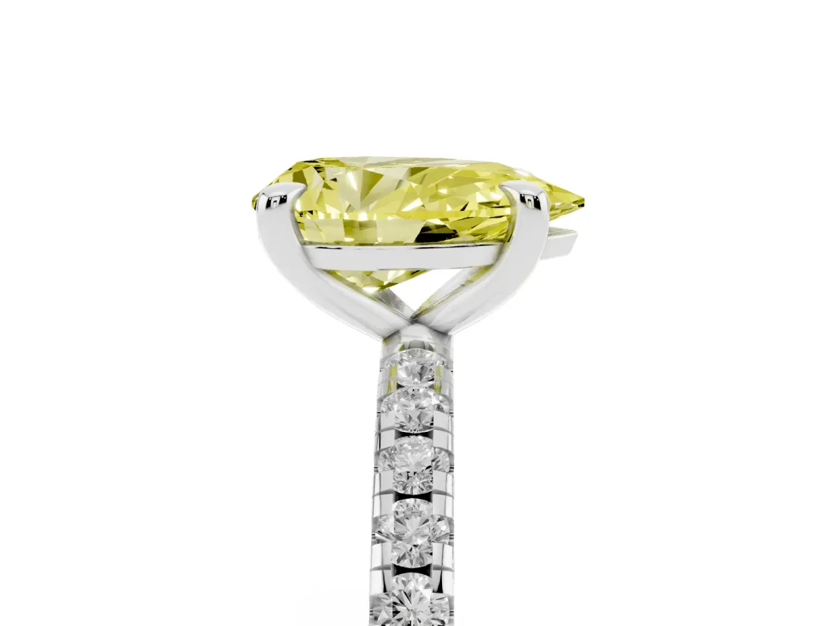 Fancy Yellow Pear Cut Diamond Brilliant Solitaire Ring with Pavé Band and Four-Prong Setting Silver