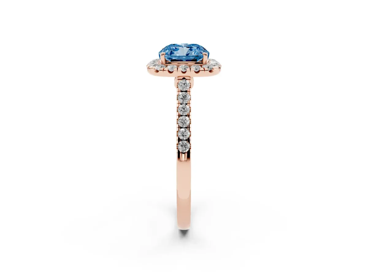 Fancy Blue Cushion Cut Halo Pave Diamond Engagement Ring with Four-Prong Setting Rose gold
