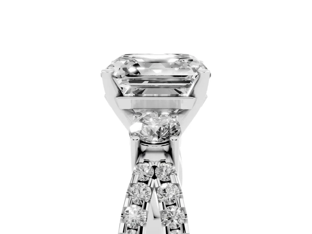 Asscher Cut Diamond Three-Stone Ring with Pavé Split Shank and Four-Prong Setting White gold